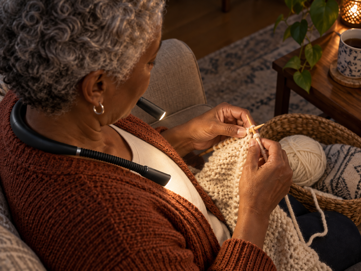 Illustrative scene: A woman with silver curls knitting in an armchair