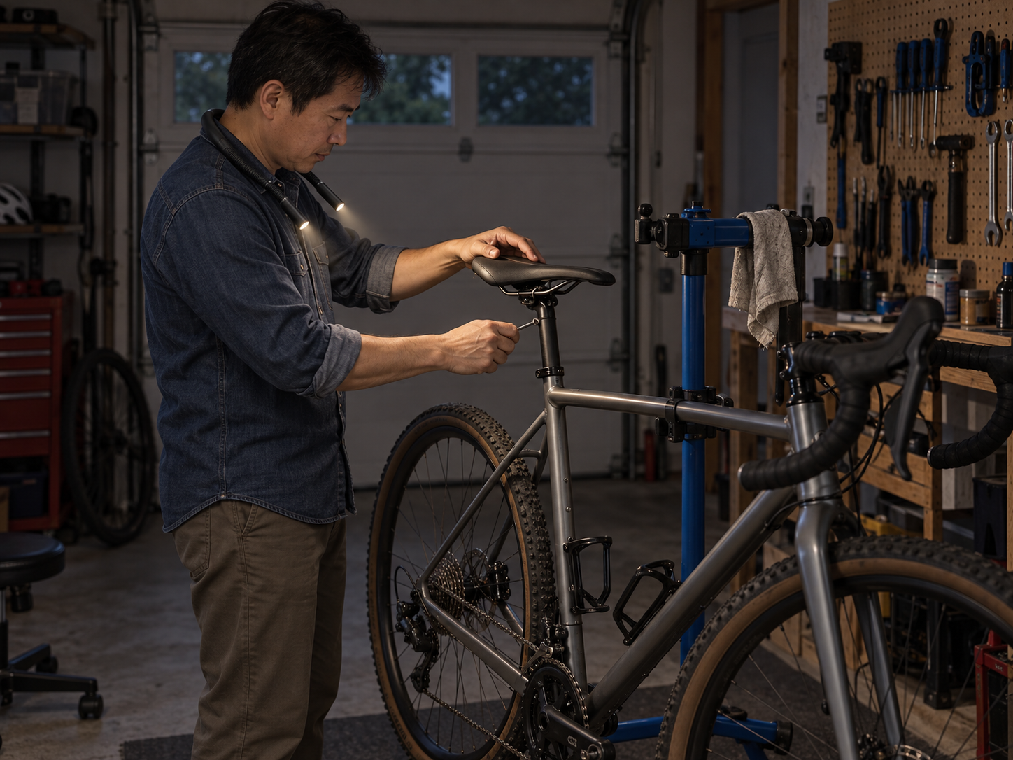 Illustrative scene: A man adjusting a bicycle saddle in a garage