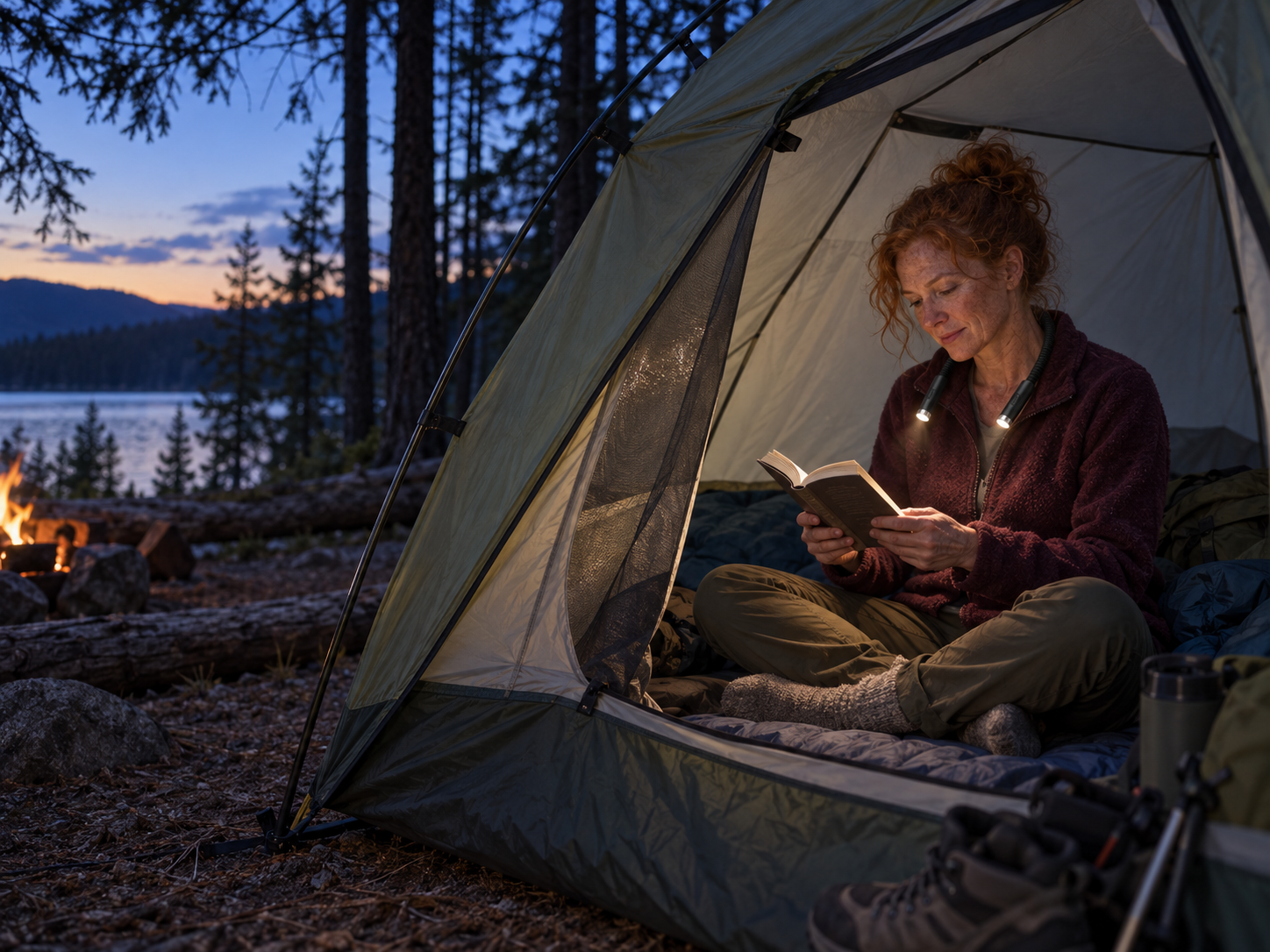 Illustrative scene: A red-haired woman reading in a tent