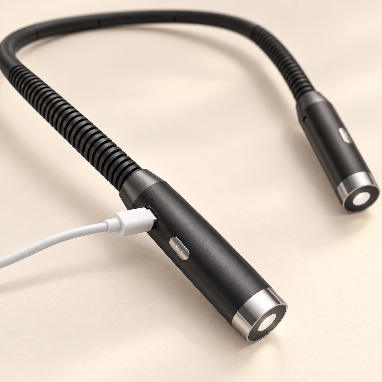 Illustrative close-up of the neck light and USB charging connection